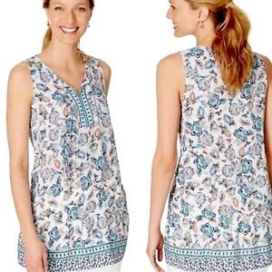 J. Jill Women’s Size Small White Blue Paisley Sleeveless Tassel Blouse